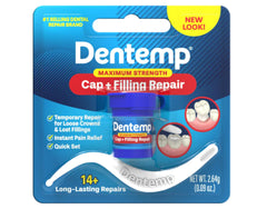 Dentemp maximum-strength formula repairing lost fillings and loose caps in a 6-pack.