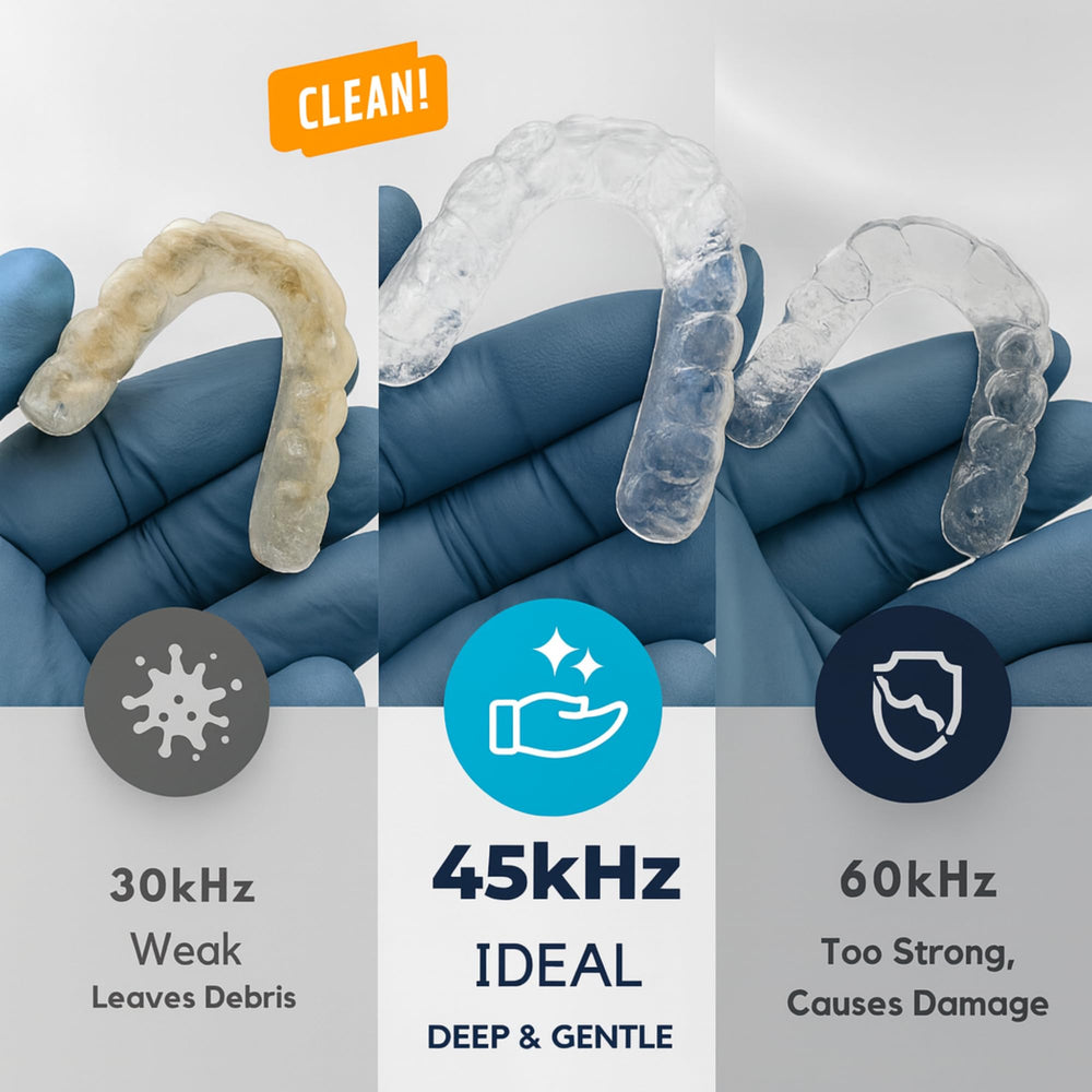 Retainer, denture, mouth guard and jewelry being cleaned