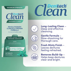 Packaging image showing two boxes of Denttach Clean denture cleaner tablets, 208-count total