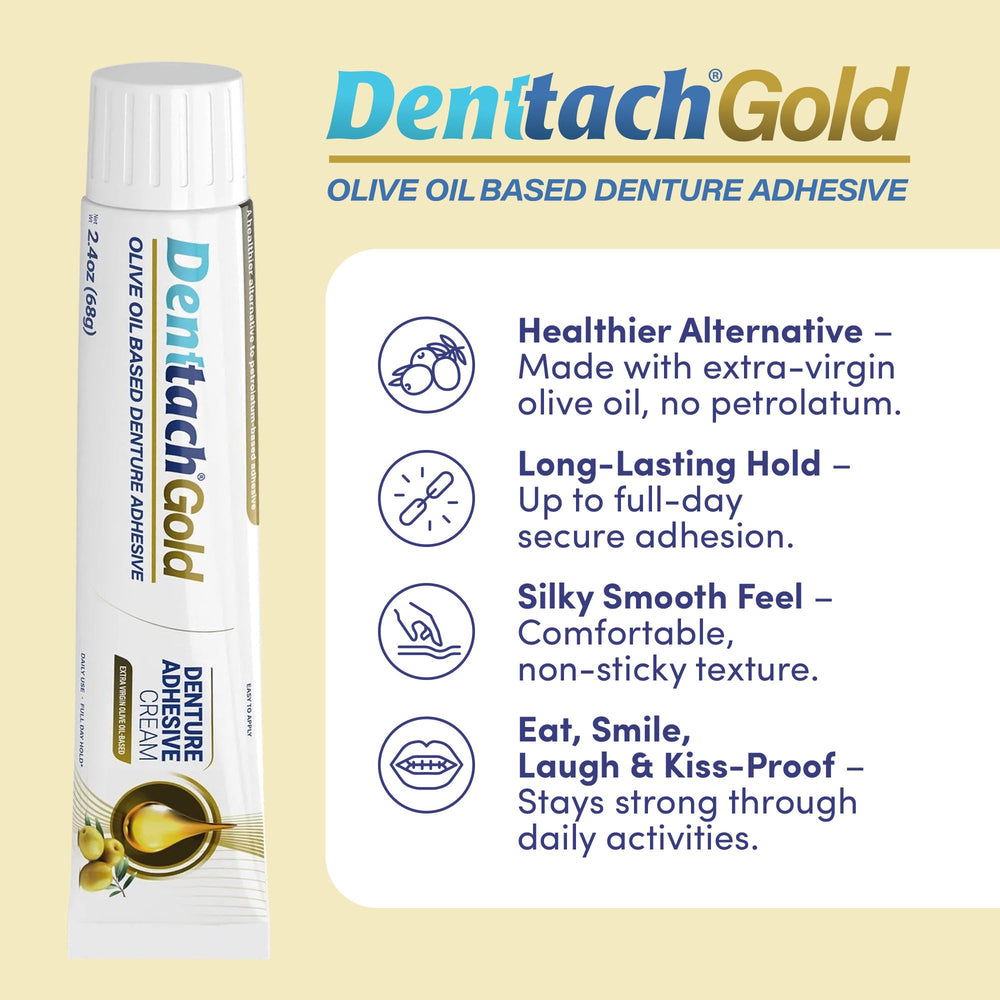 Denttach Gold provides all-day hold for full and partial dentures