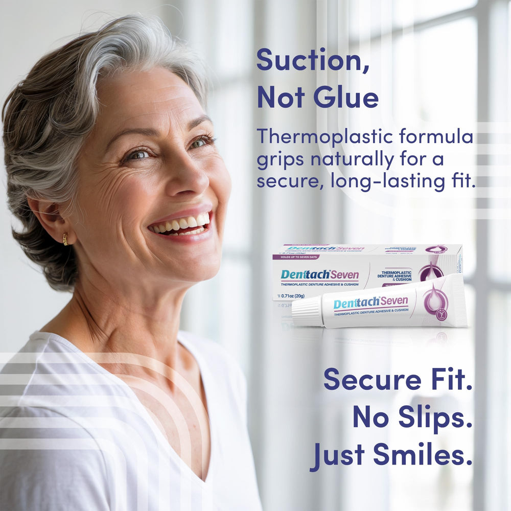 Dentures held securely with Denttach thermoplastic adhesive