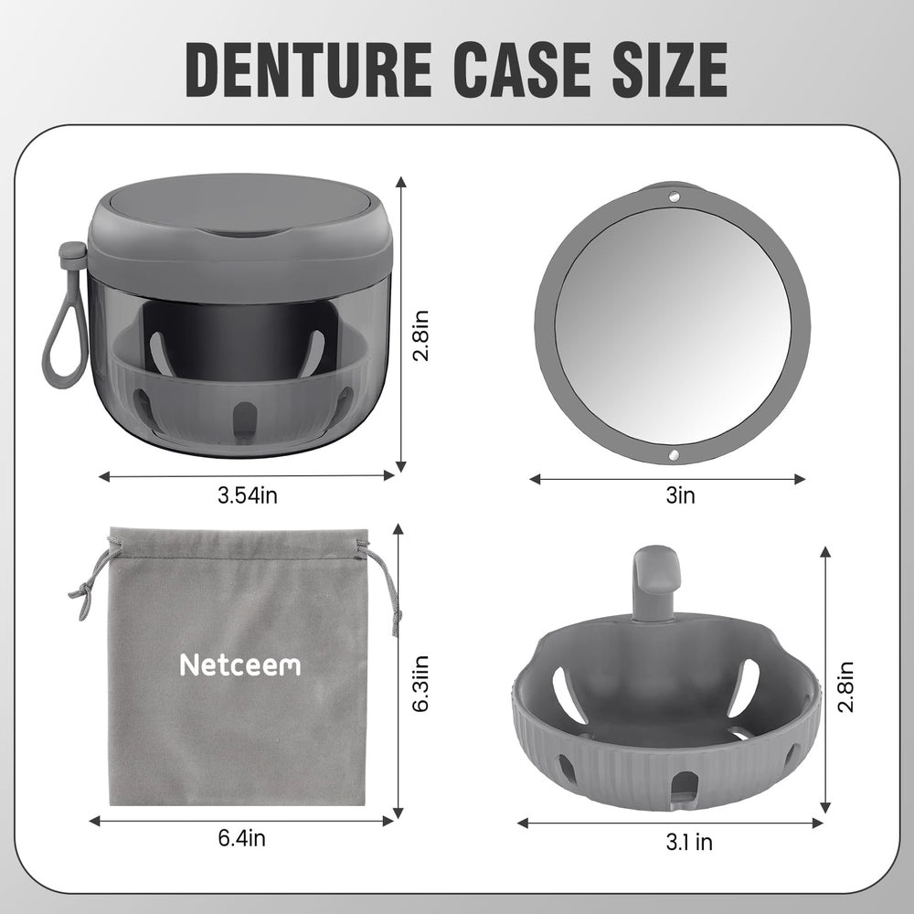 Portable denture cup with wrist strap and drawstring pouch