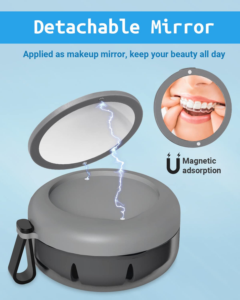 Gray denture case with lid open showing internal seal