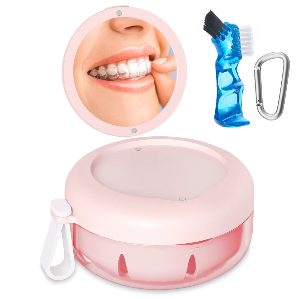 Pink denture bath case with leak-proof seal