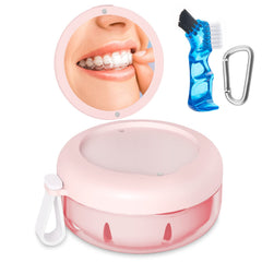 Pink denture bath case with leak-proof seal