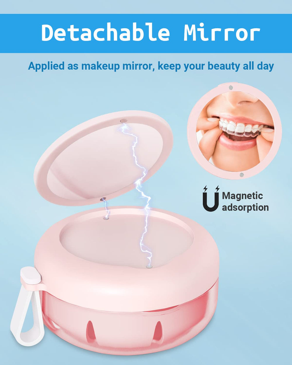 Denture bath case open showing strainer basket and drain tray