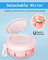 Denture bath case open showing strainer basket and drain tray