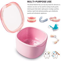 Pink denture bath case open showing rinsing basket