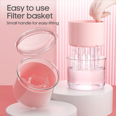 Denture bath cup with brush in pink