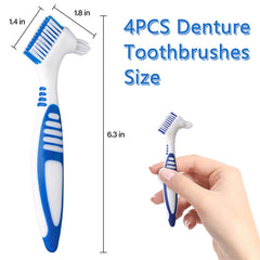 Close-up of smaller angle-trimmed denture brush head for hard-to-reach areas