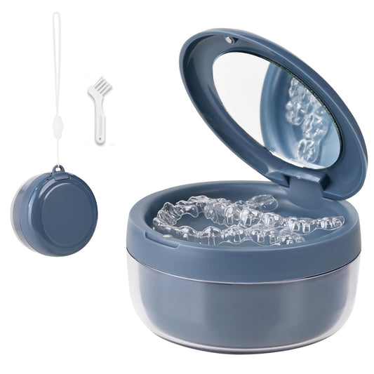 Blue denture case with leak-proof screw-top lid