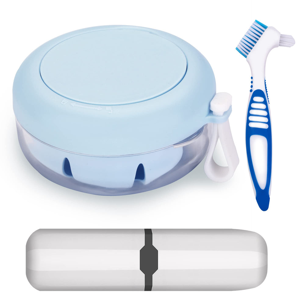 Denture case with integrated brush and portable box in blue