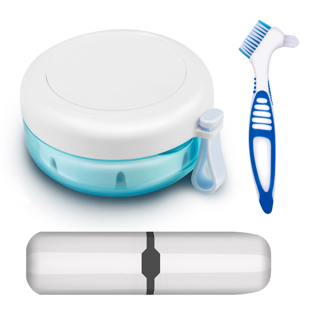 Denture case with built-in travel brush