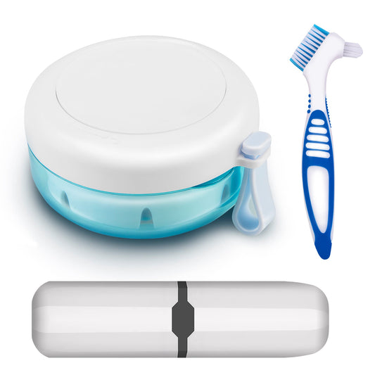 Denture case with built-in travel brush