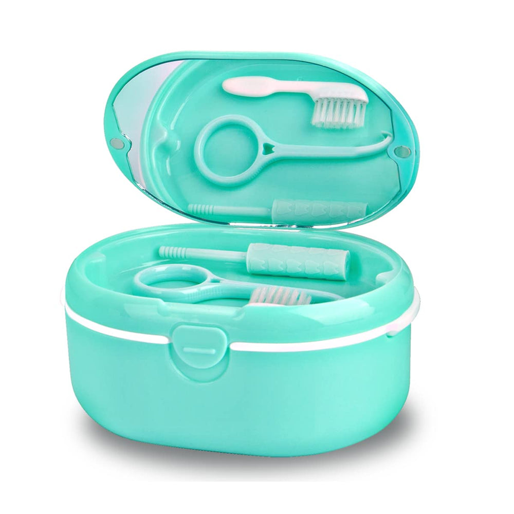 Green denture case with lid closed