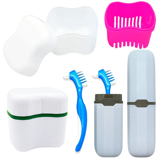 Green denture bath cups included in the kit