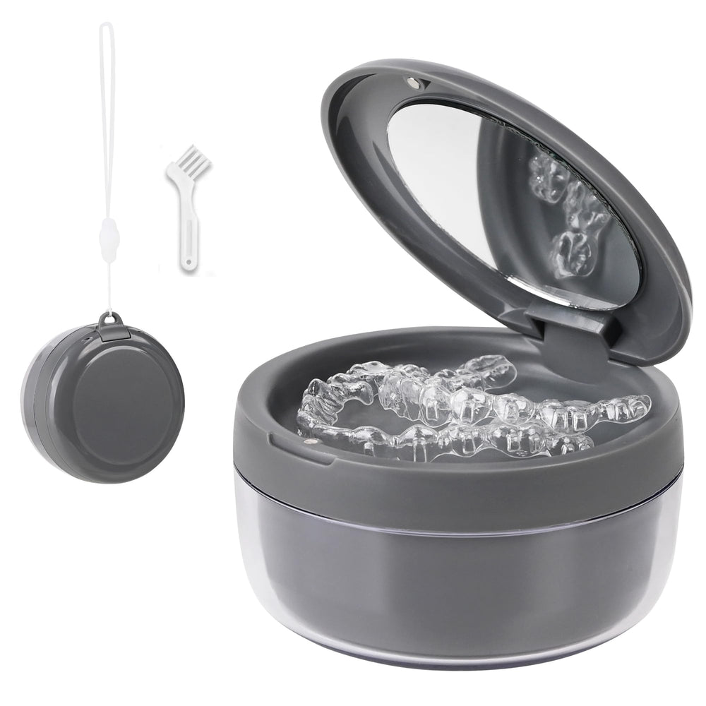 Denture case with upper storage tray and screw-top lid
