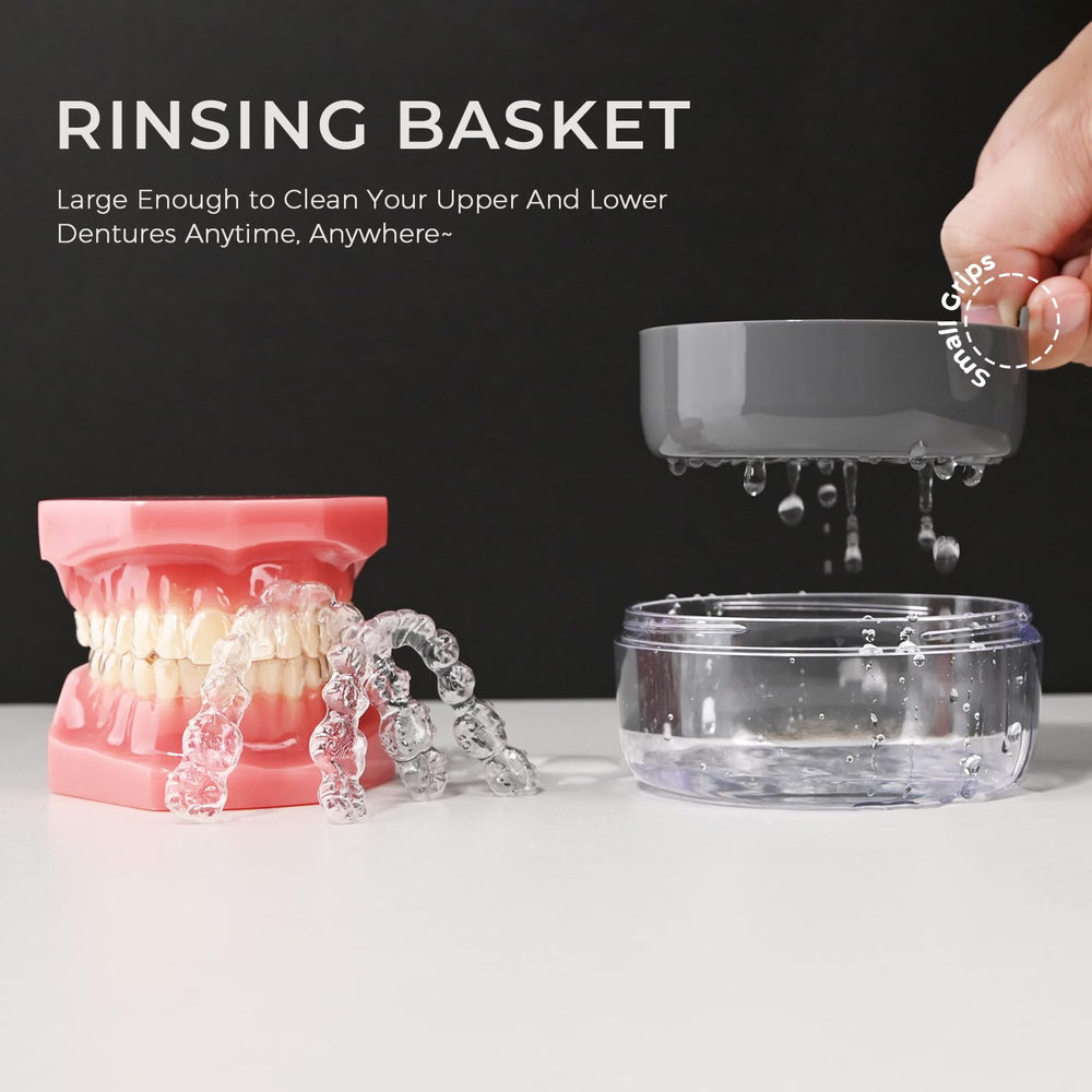 Integrated drainage basket and BPA-free materials inside denture case