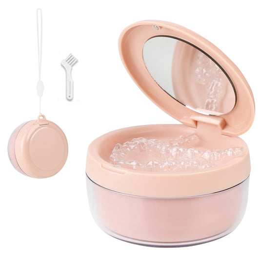 Pink denture case with leak-proof screw-top lid