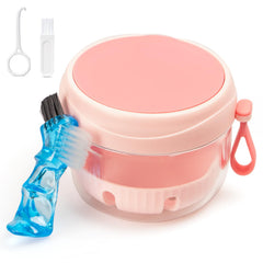 Leak-proof pink denture case travel cup with screw-top lid and gasket