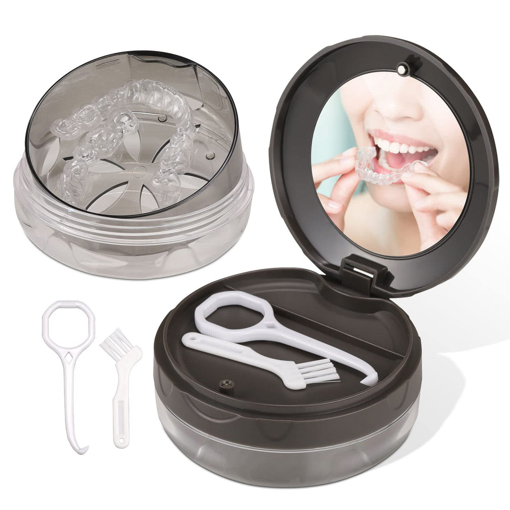 Denture case with built-in mirror in grey