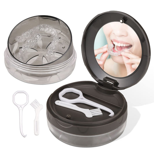 Denture case with built-in mirror in grey