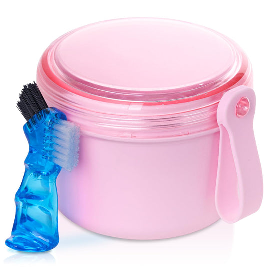 Pink leak-proof travel denture case with screw-top lid