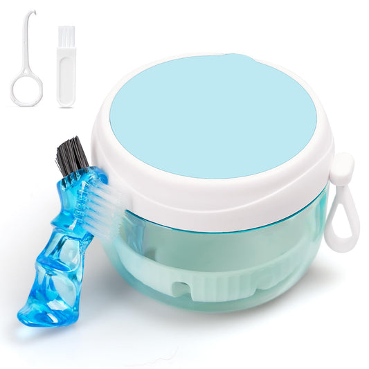 White denture travel case with mirror and built-in denture brush