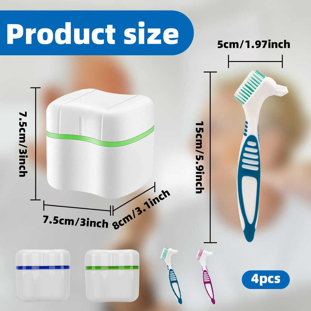 Denture cleaner box and brush set with visible basket