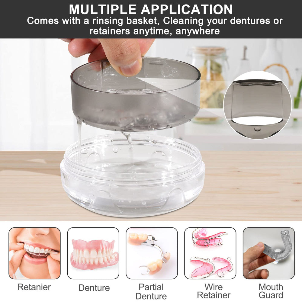 Denture cleaning basket included with tray size 3.24 x 3.24 x 1.02 inches
