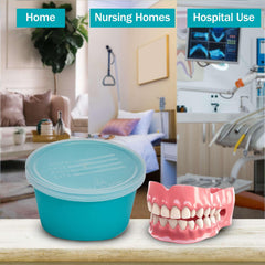 Denture storage containers stacked, ideal for travel and care facilities