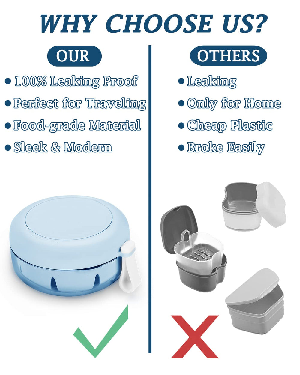 Blue denture cup with built-in strainer