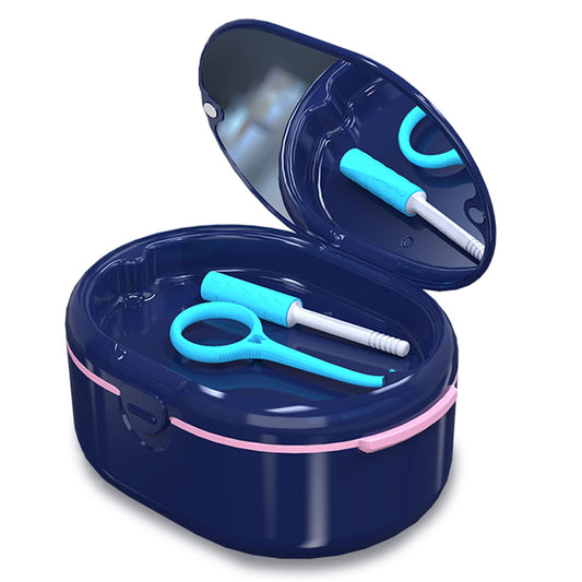 Blue denture case with lid for dry and wet separation