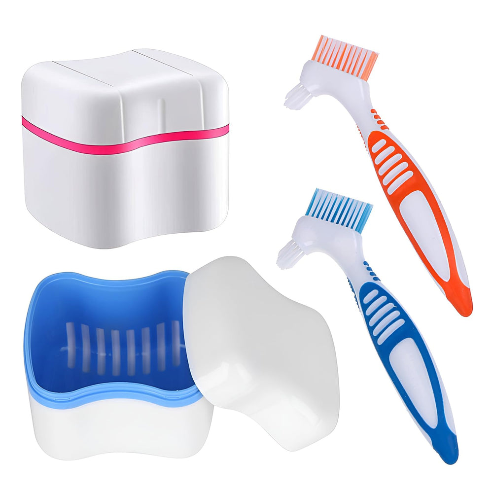 Denture cleaner box and brush set with blue and red cups