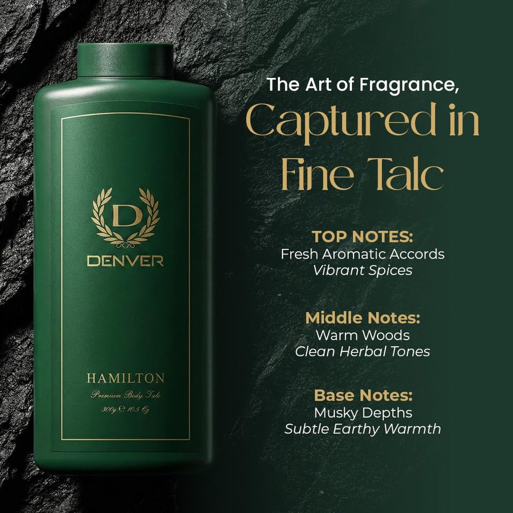 Denver Hamilton fragrance notes display showing aromatic woody scent