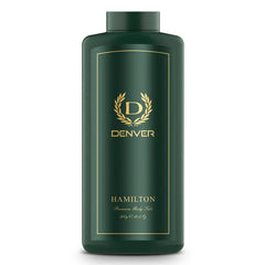 Denver Hamilton premium body talc powder bottle delivering long-lasting freshness
