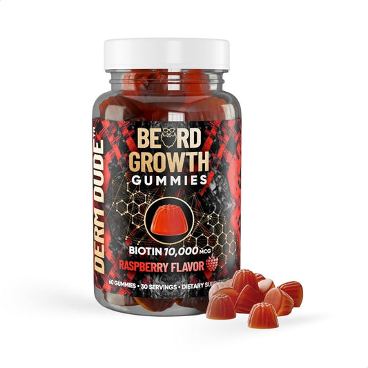 Derm Dude Beard Growth Gummies bottle with Berry Flavor label