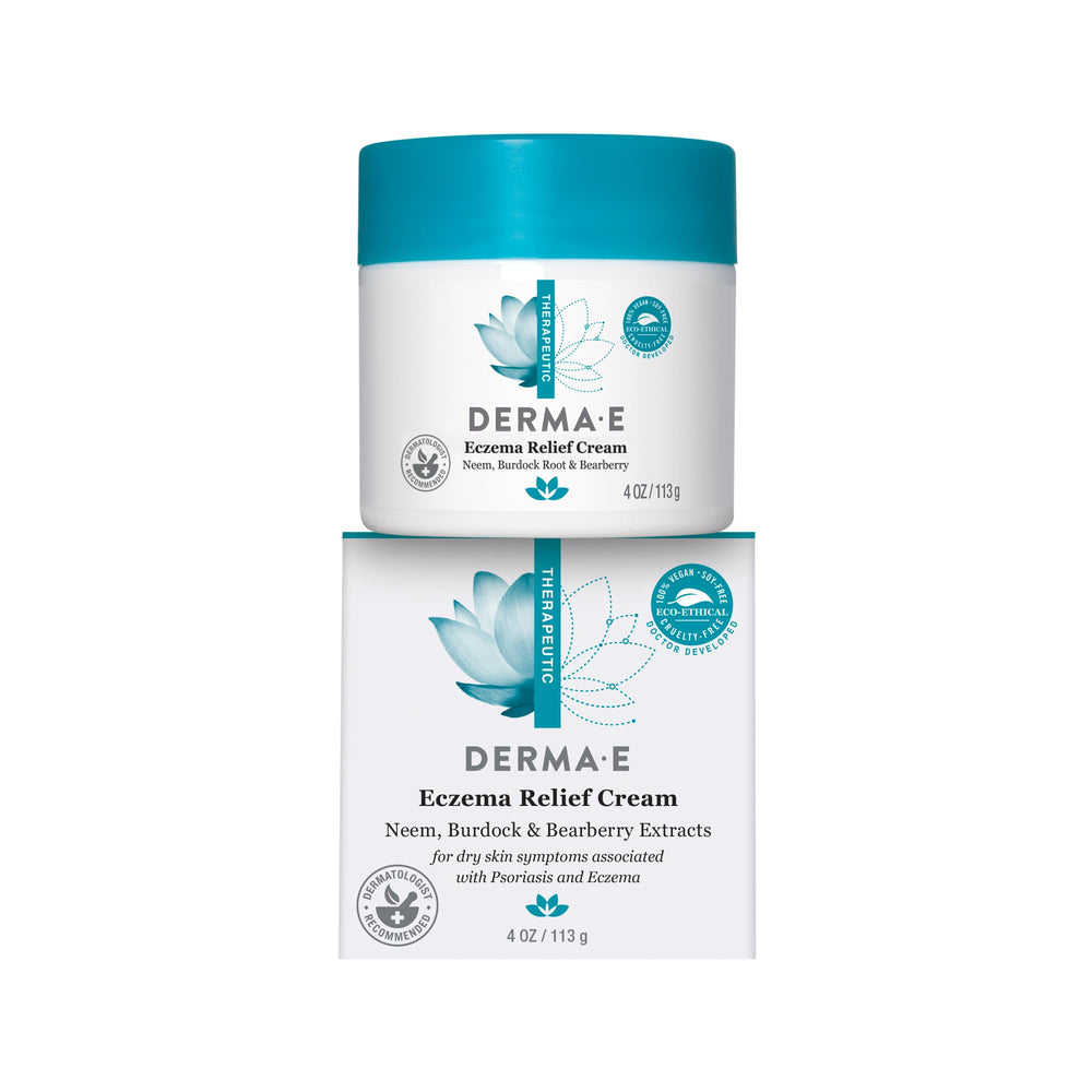 Derma E Eczema Relief Cream bottle closeup for soothing dry skin.