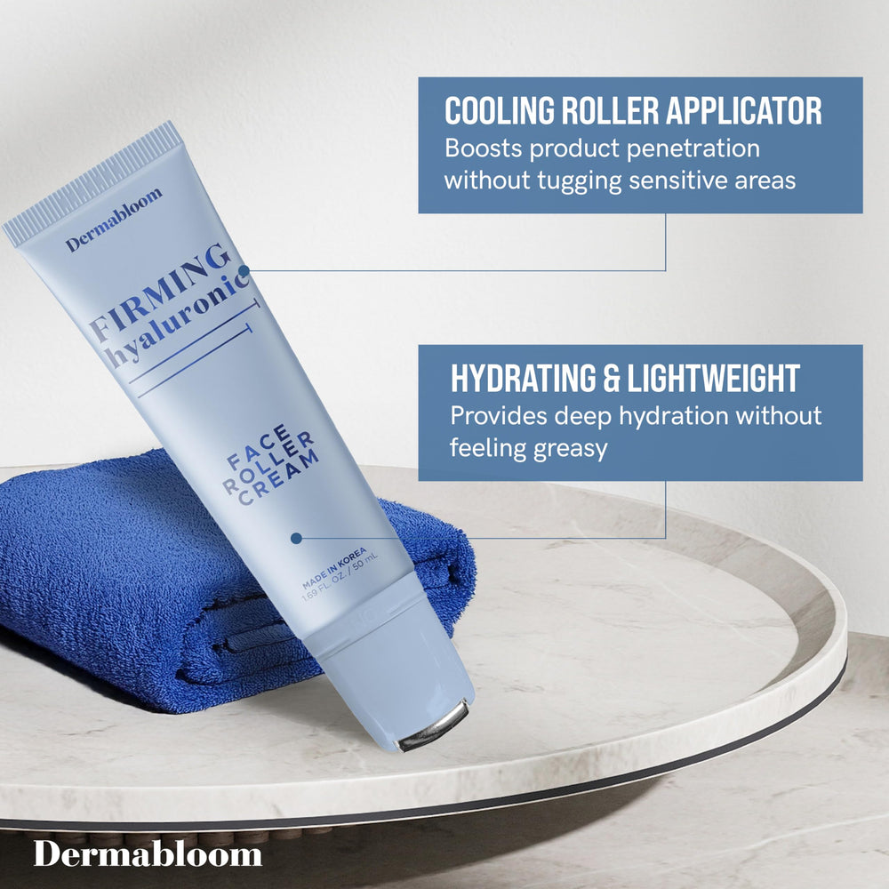 Dermabloom Hyaluronic Acid Face Roller Cream being applied with upward strokes