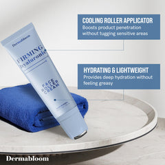 Dermabloom Hyaluronic Acid Face Roller Cream being applied with upward strokes