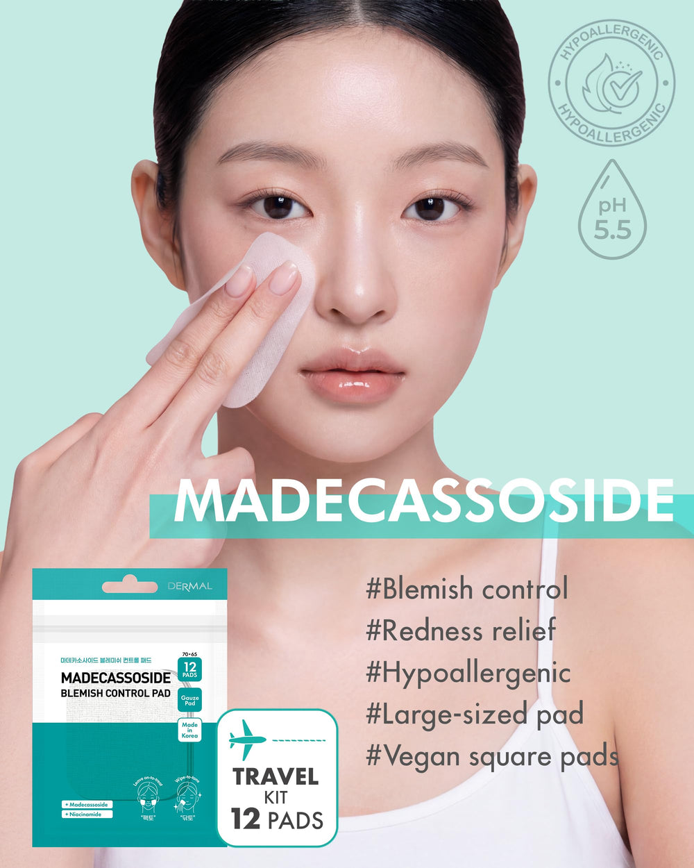 DERMAL Madecassoside Blemish Control Pad square 65x70mm close-up for easy application.