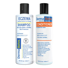 Dermasolve eczema shampoo bottle front shows a gentle formula for sensitive scalps and flake control.