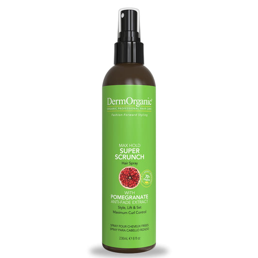 DermOrganic Super Scrunch Max Hold Hair Spray bottle for fast-drying strong hold