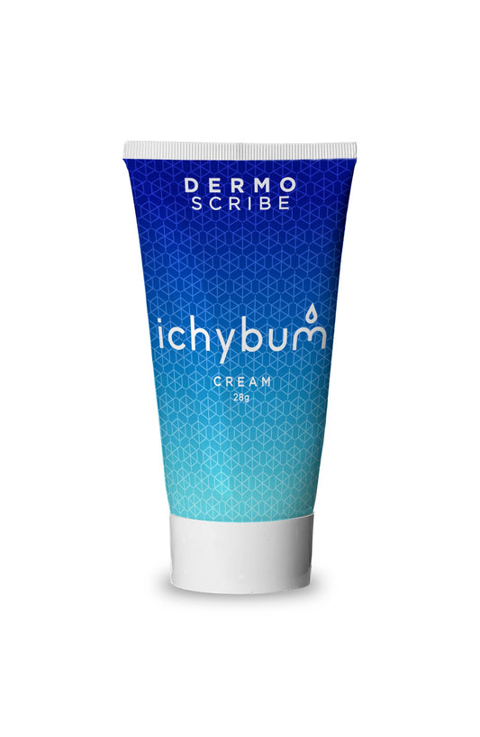 Dermoscribe Ichybum cream tube closeup shows dermatologist-grade formula for sensitive areas.
