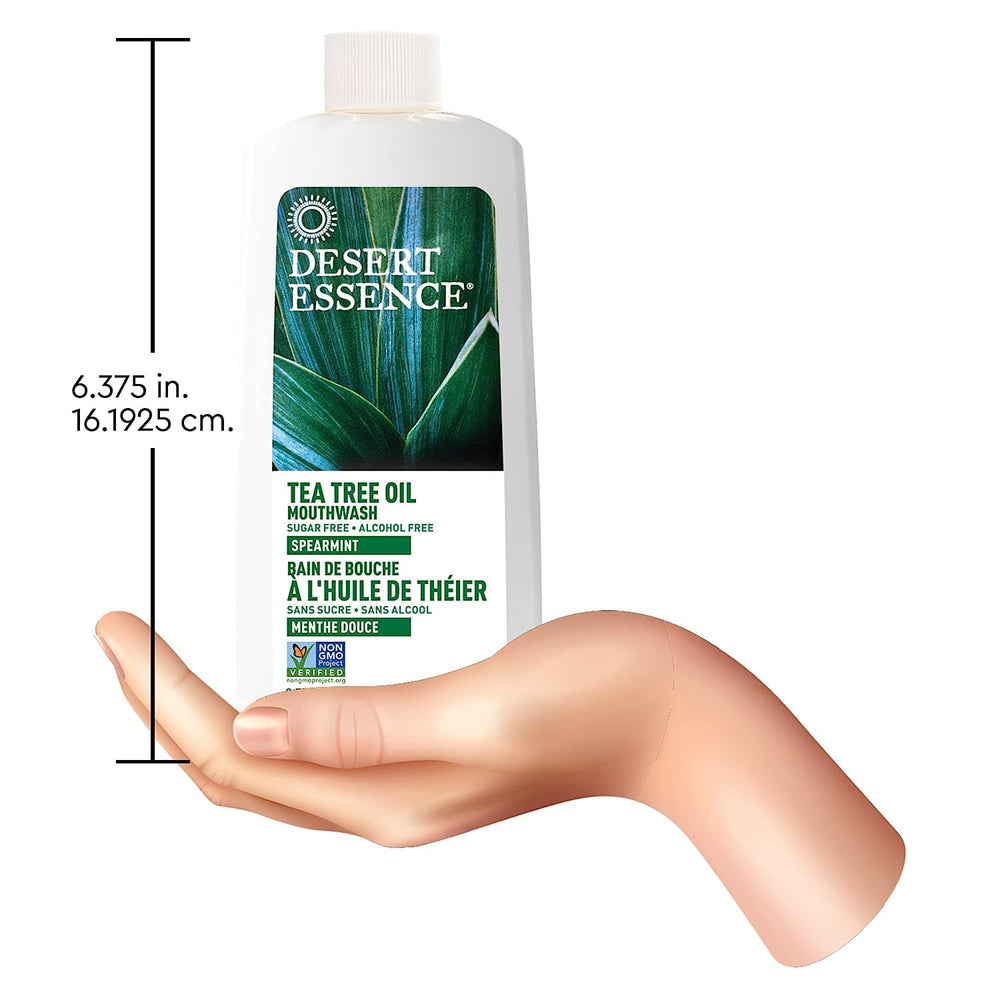 Packaging artwork for Desert Essence tea tree oil & aloe mouthwash (8oz).