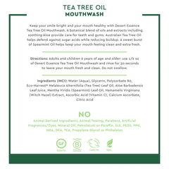Tea tree oil mouthwash bottle with mint leaves