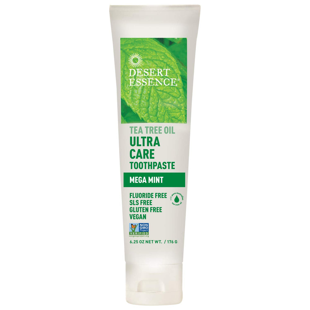 Toothpaste tube with Mega Mint branding and mint leaves