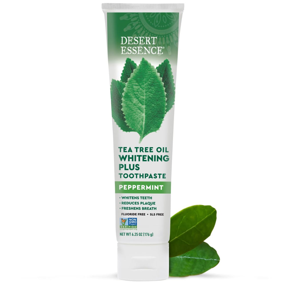 Desert Essence Tea Tree Oil Whitening Plus Toothpaste Peppermint tube and 6.25 oz packaging