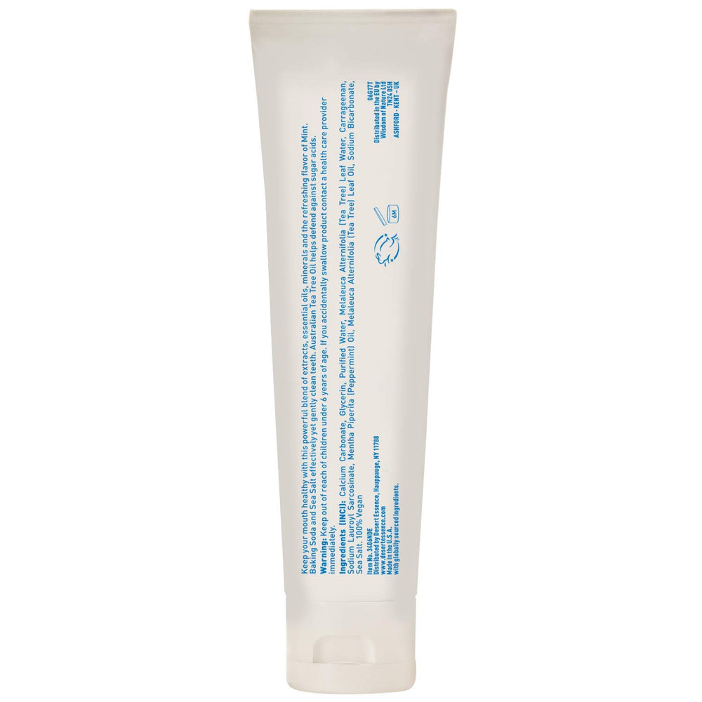 Close-up of Desert Essence Tea Tree Oil Toothpaste Mint label