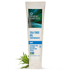 Back view of Desert Essence Tea Tree Toothpaste Mint Pack of 3 with label